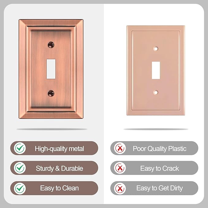 Antique Copper Light Switch Cover Plate Decorative Metal Switch Plates Outlet Cover, 1-Gang Wall Plate for Electrical Outlets (Single Toggle, 6 Pack)