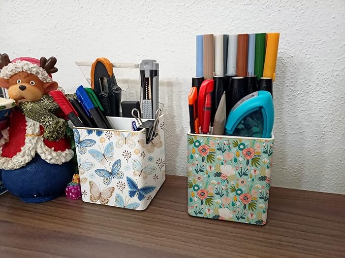 Pen Pencil Holder, Makeup Brush Holder,Ceramic Remote Control Holders Organizer with 2 Compartment Floral Multi-functional Office Organizers Storage Caddy Desk Tv Remote Holders Shiny Butterfly