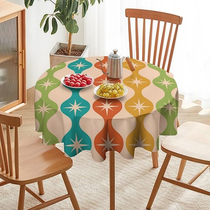 Mid Century Modern Round Tablecloth, Vintage Abstract Colorful Geometric Tablecloth for Home Party Dining Room Kitchen Decor 70Inch(178cm)