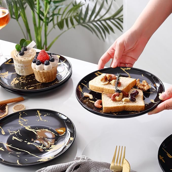 6-Piece Dinner Plate Set, 10-Inch Black Marble Ceramic Plates with Gold Rim, Oven & Microwave Safe, Elegant Appetizer Salad Dessert Plates for Modern Dining, Dishwasher Safe.