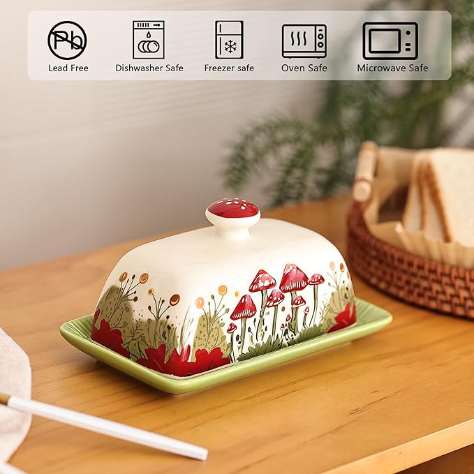 Fungi Fun Mushroom Butter Dish With Lid – Cute Cottagecore Ceramic Storage Container, Vintage French Covered Tray, Boho Farmhouse Kitchen Decor Gift, Unique Countertop Holder (White, Standard)
