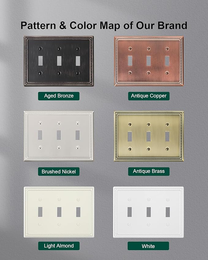2-Pack Triple Toggle Light Switch Cover Plate, Pearls Decorative Switch Plate Covers, Aged Bronze 3 Gang Metal Wall Plate, Corrosion Resistant