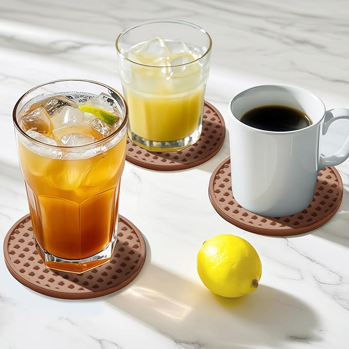 Coasters for Drinks, Silicone Coasters Set of 16 with Metal Holder, Outdoor Coaster for Coffee Table, Non-Slip Rubber Table Cup Mat Desk, Heat Resistant & Scratch-Proof (Tawny)