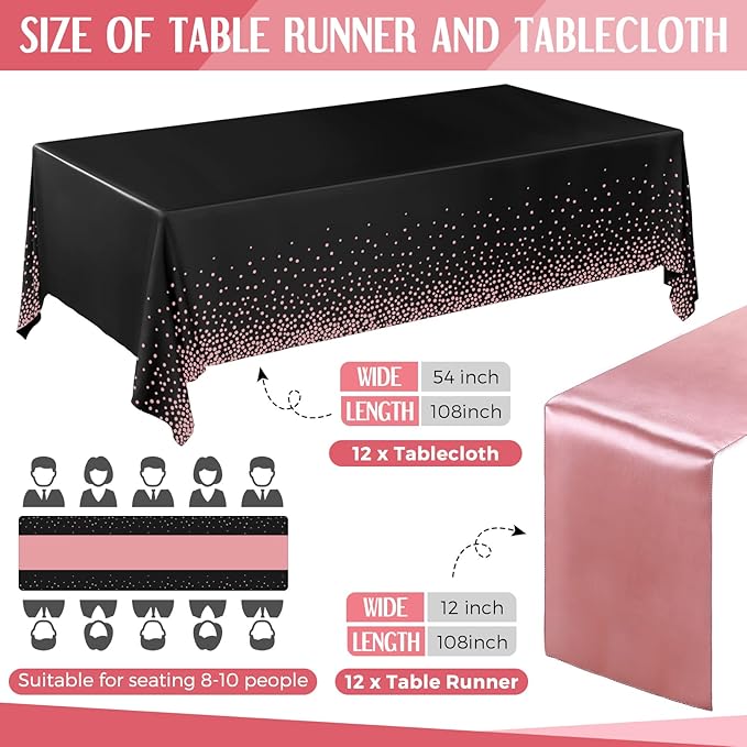 Breling 24 Packs Black and Rose Breling Disposable Plastic Tablecloths and Satin Table Runner Set, 54 x 108 Inch Tablecloth, 12 x 108 Inch Table Runners for Wedding Graduation Birthday Baby Shower