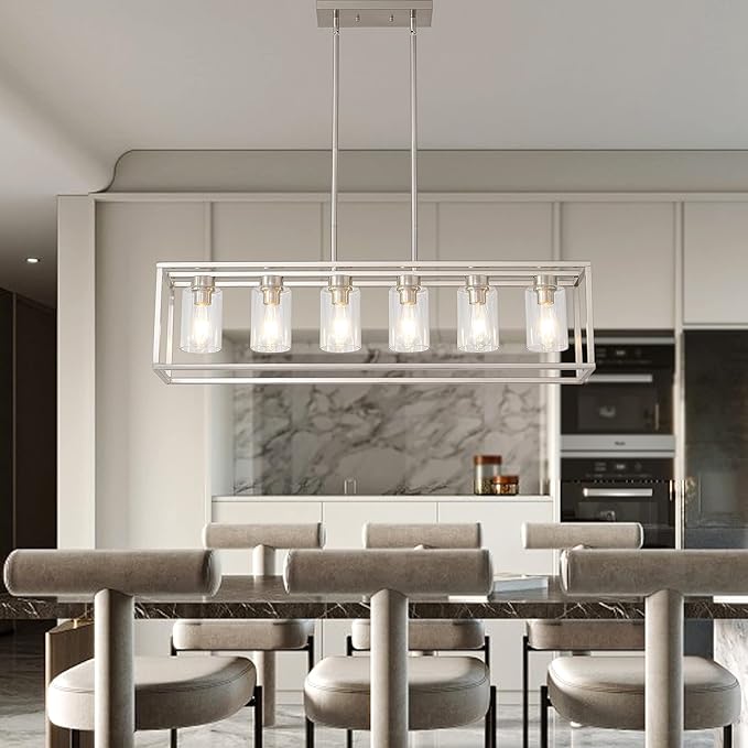 XILICON Dining Rooms Brushed Nickel Chandeliers,Kitchen Island Farmhouse Lighting Fixture Industrial Rustic Ceiling Hanging 6 Light Modern Pendant Light with Glass Shade