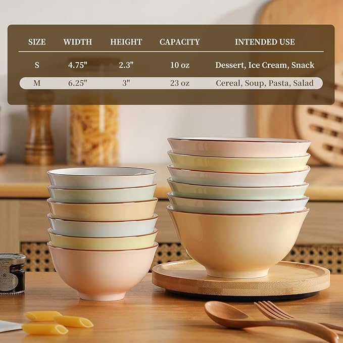 Ceramic Cereal Bowl Set of 6 - Porcelain Soup Bowls with Candy Hue - 6.25 Inch Ideal for Salad, Oatmeal, Ramen, Noodle - Microwave and Dishwasher Safe - 23 OZ