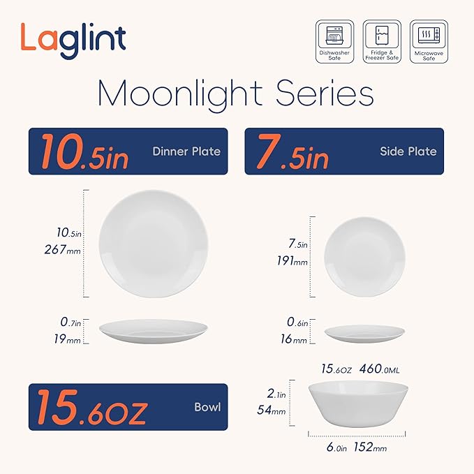 Dinnerware Sets for 6, LaGlint 18 Pieces Opal Glass Plates and Bowls Set, Dishwasher and Microwave Safe Dish Dinning Ware, Chip and Scratch Resistant Dishware White