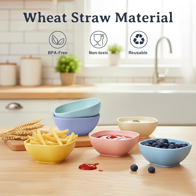 Soy Sauce Dish 5 OZ, Small Bowls for Dip, Unbreakable Chip and Dip Bowl, Wheat Straw Bowl Sets of 6, Dipping Sauce Cups for Party, Kitchen, Dishwasher Safe Dipping Bowls for Ketchup - Colorful