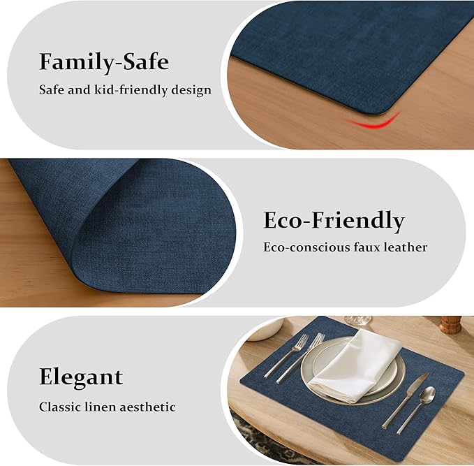 FROMHEART Faux Leather Placemats Set of 12–Waterproof,Heat/Oil Stain-Resistant PU Table Mat–Reversible,Non-Slip,Easy to Clean Place Mats for Kitchen,Dining,Indoor/Outdoor,(Dark Blue,11.8" x 17")
