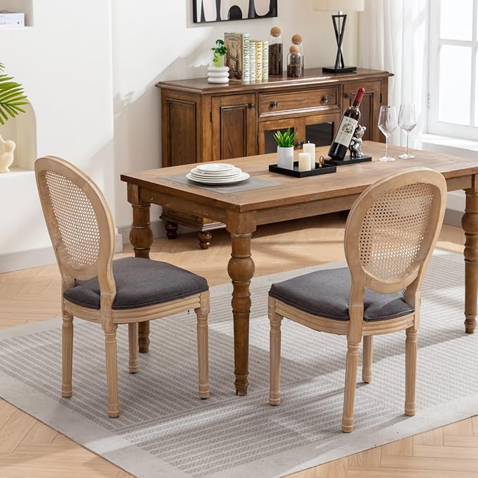 Ball & Cast French Vintage Upholstered Dining Chairs Set of 2, Antique Painting Wooden Kitchen Side-Chairs with Rattan Back & Carved Solid Wood Frame, 2-Piece Curved Backrest Louis Chair, Gray