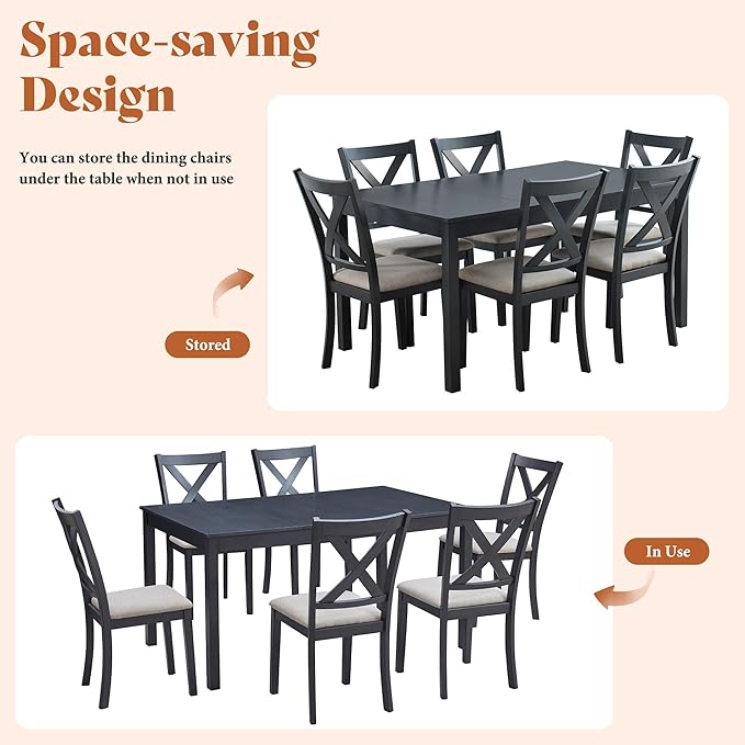 AMERLIFE 7-Piece Farmhouse Dining Table Set with 6 Upholstered Chairs, 60" Space-Saving Dining Table & Chair Set for Dining Room, Kitchen, Small Apartment, Restaurant, Grey