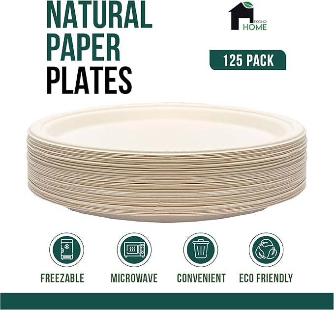 EconoHome 9 Inch Compostable Paper Plates - Eco-Conscious Disposable Plates Made of Bagasse or Sugarcane Fiber - Microwave, Refrigerator-Safe - Heavy Duty Paper Plates for Dinner - Case of 500