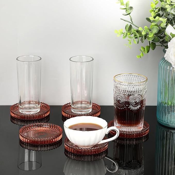 JUXYES 5 Pack Amber Tone Crystal Coasters Round Cup Mat, Glass Coasters for Drinks Coffee Tea Wine, Decorative Wine Bottle Coaster, Crystal Drink Coaster for Restaurant bar Kitchen Dining Table