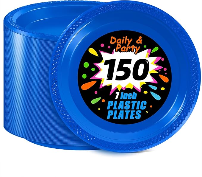 WELLIFE Royal Blue Party Plates 7 Inch -150 Count, Disposable Plastic Dark Blue Dessert Plates for Party Salad Cake Appetizer
