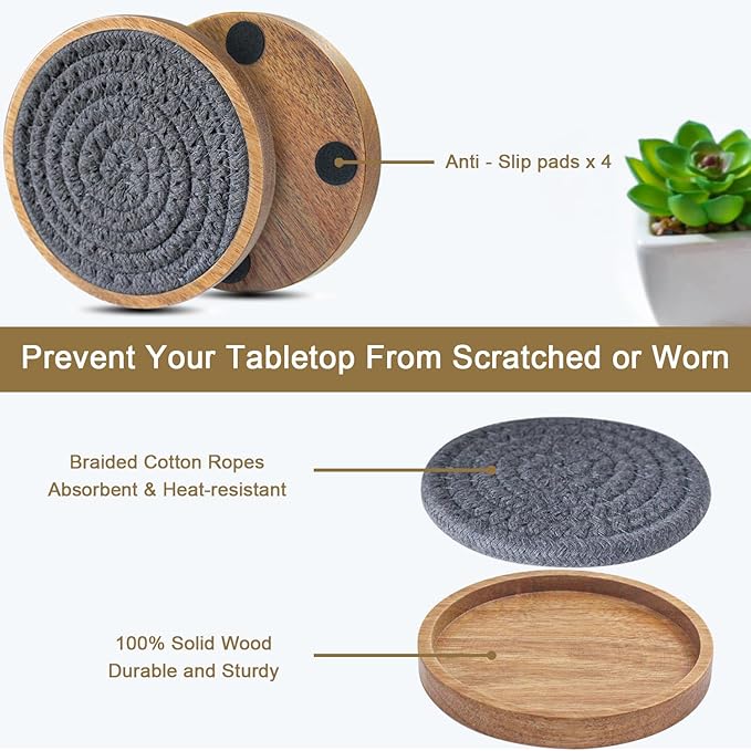 6 Pack Coasters for Drinks Absorbent, 4.3 inches Cork Coasters for Coffee Tables, Wooden Drink Coasters for Table Protection, Cute Coasters for Kitchen, Farmhouse, Bar, and Office (Dark Gray)