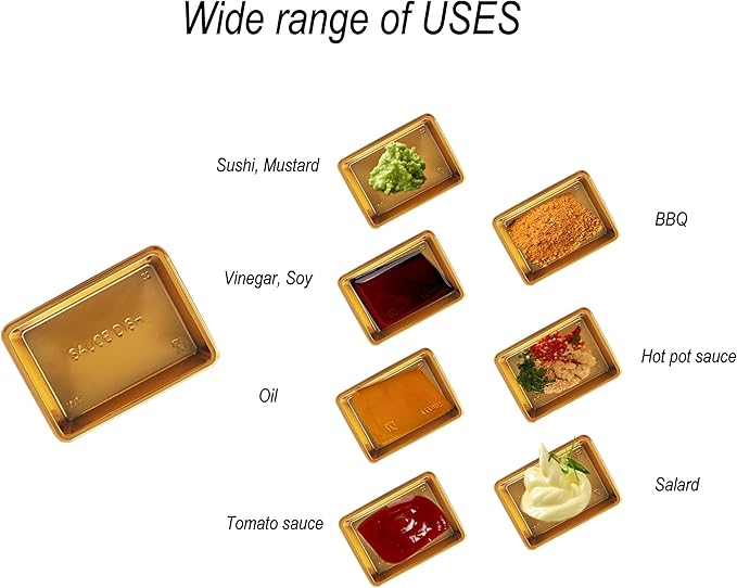 Disposable Small Sushi Tray, Plastic Mini Dipping Bowls, Tiny Serving Rectangle Plates, Soy Sauce Dishes, Seasoning Platter for Parties, BBQ, Home, Restaurant - 100PCS, Gold