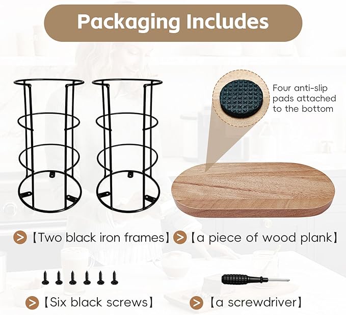 Metal 2-Compartment Coffee Cup Dispenser with Wood Base, Disposable Cup, and Lid Organizer for Countertop, Suitable for Gyms, Offices, Kitchens, Cafes（Black）
