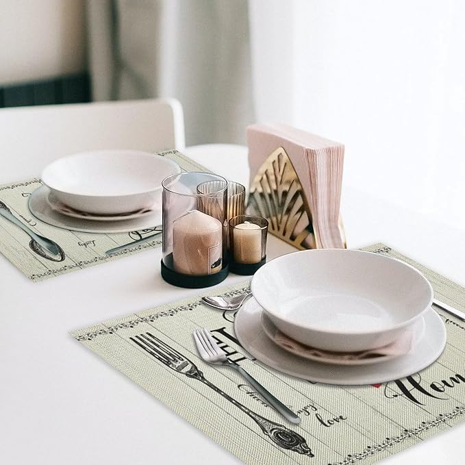 Retro Farmhouse Placemat Set, Minimal Black White Rustic Plank Art Sketch Cutlery Knife Fork Inspirational Quotes Pattern Home Decor Linen Table Mats for Dining Room Kitchen Party (17x12in) x6P
