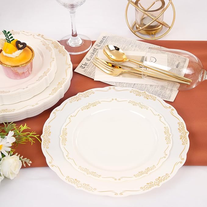 U-QE 100 PCS Ivory Plastic Plates with Gold Rim - Gold Plastic Plates for Party - Heavy Duty Plastic Plates Disposable Use Including 50 Dinner Plates 10 '' & 50 Dessert Plates 7.5 ''