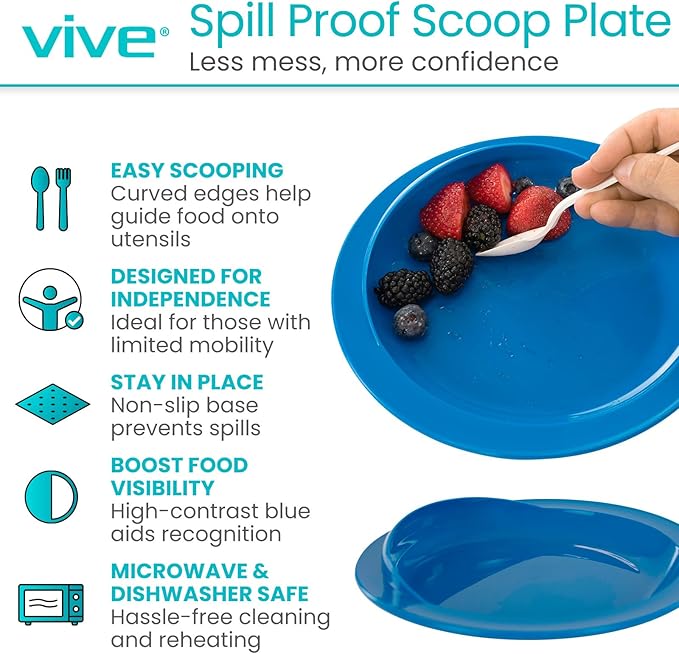 Vive Spill-Proof Scoop Plate, 9" (2 Pack) - Dish with Wall for Disabled, Handicapped, Elderly Adults with Special Needs from Parkinsons, Dementia, Stroke, Tremors with - Non Skid Padded Bottom