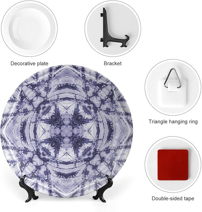Ceramic Display Plate, Abstract Ceramic Hanging Decorative Plate, Modern Art Generated Resisting Twisting Fractal, 7 Inch, Living Room Kitchen Decoration Household, Lavender Blue Indigo