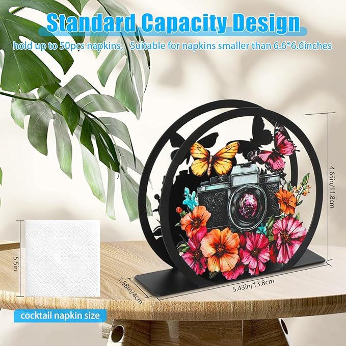 Modern Napkin Holder for Table Decor,Black Metal Napkin Dispenser fit Tissue Mail Bills Paper Towel Holder, Camera Butterfly Napkin Holders,Napkin Stand for Home Kitchen Dining Restaurant Cocktail