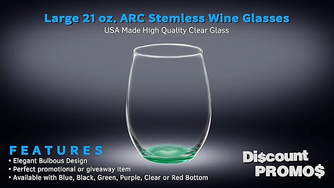 DISCOUNT PROMOS 10 ARC Stemless Wine Glasses Set, 21 oz. - Chardonnay, Cabernet, Merlot, Sauvignon - Green