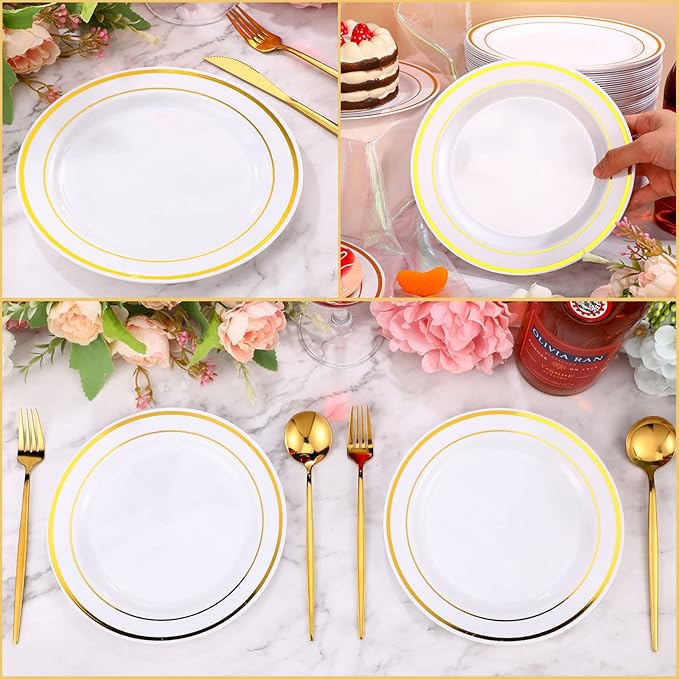 Sieral 200 Pieces Disposable Plates Plastic Party Plates with Rim Hard Plastic Appetizer Salad Dessert 7.5 Inch Elegant Heavy Duty Tableware for Dinner Wedding Party Supplies(Gold Rim)