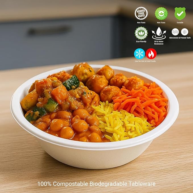 12 oz. Compostable Paper Bowls [100-Pack] - Eco-Conscious Disposable Soup Bowls Made of Sugarcane Fiber Bagasse, Microwave, Refrigerator-Safe - Heavy Duty Paper Plates for Dinner