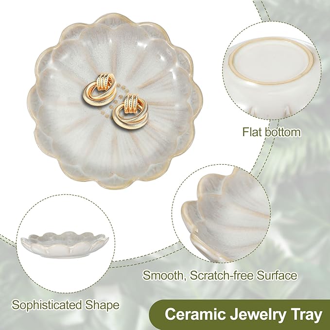 uxcell 2Pcs Ceramics Jewelry Plate, Sunflower Shape Key Holder Bowl for Entryway Table Decor Small Ring Tray Dish Gift for Women Girlfriend, White