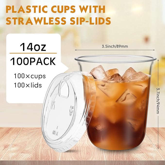 Baderke 100 Pcs Plastic Cups with Sip Lids Round Bottom Disposable Plastic Coffee Cups with Lids Clear Strawless Crystal Mugs for Iced Coffee Smoothie Cold Beverage Party Catering Supplies (14 oz)
