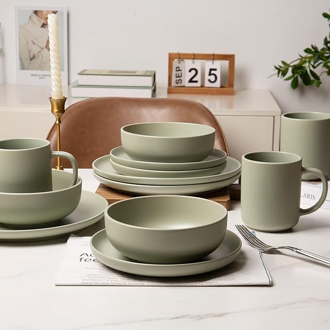 12-Piece Matte Green Dinnerware Set,Stoneware Dinnerware for 3, Microwave & Dishwasher Safe, Stackable Design for Kitchen and Dining - Plates,Bowls and Mugs
