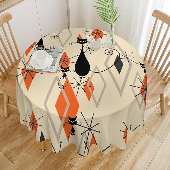 Retro Boho Modern Black Cat Round Tablecloth, Mid Century Boho Moon Abstract Geometric Leaf 50s 60s Style Tablecloth for Home Party Dining Room Kitchen Decor 36Inch(90cm)