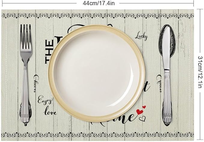 Retro Farmhouse Placemat Set, Minimal Black White Rustic Plank Art Sketch Cutlery Knife Fork Inspirational Quotes Pattern Home Decor Linen Table Mats for Dining Room Kitchen Party (17x12in) x4P