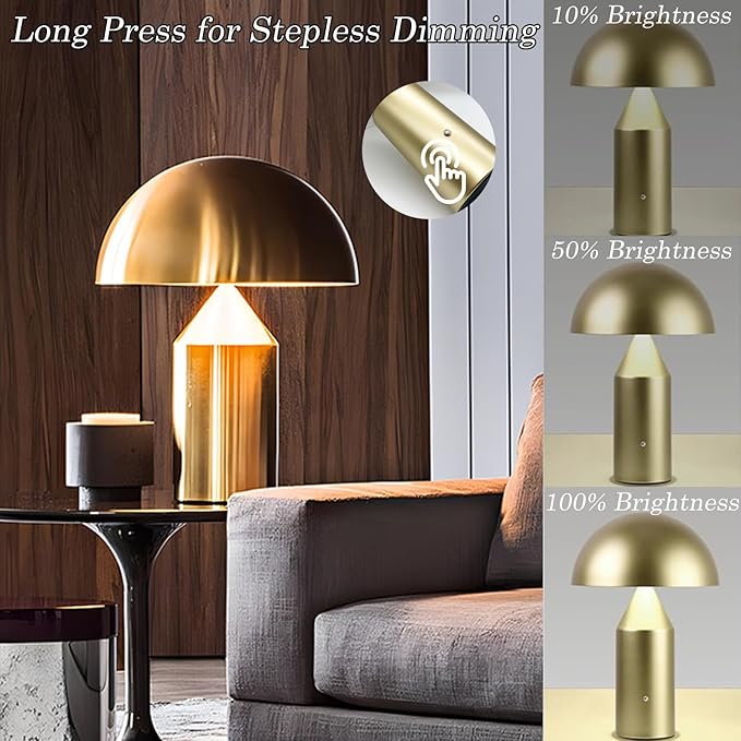 MIXL-Cordless Gold Mushroom Table Lamp,Battery Mushroom Night Light,Wireless Touch Nightstand Lamp,Mid Century Modern Table Lights for Living Room Bedroom