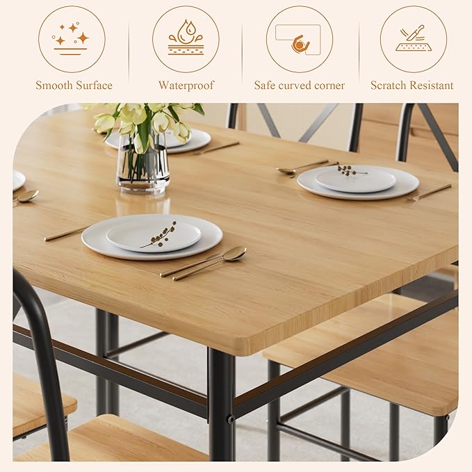 VECELO 5-Piece Kitchen Dining Table Set, Wood Tabletop & Heavy-Duty Metel Frame, Rectangle Dinette with 4 Chairs for Small Space, Breakfast Nook, Natural Black