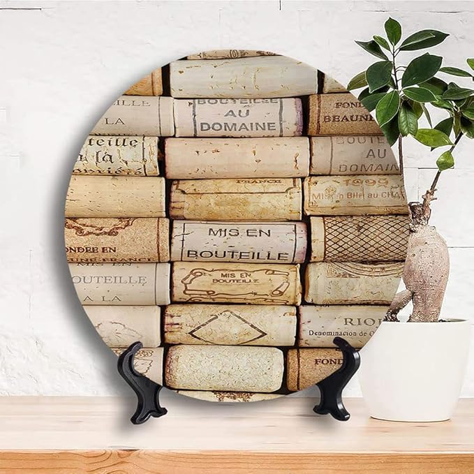 Ceramic Display Plate, Winery Ceramic Hanging Decorative Plate, Different Wine Corks Arranged in Line Collections, 10 Inch, Household Custom Ceramic Plate, Ivory Pale Brown
