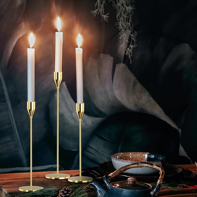 Candle Holders Set of 3 for Taper Candles, Decorative Candlestick Holder for Wedding, Dinning, Party, Fits 3/4 inch Thick Candle&Led Candles (Metal Candle Stand) (Gold)