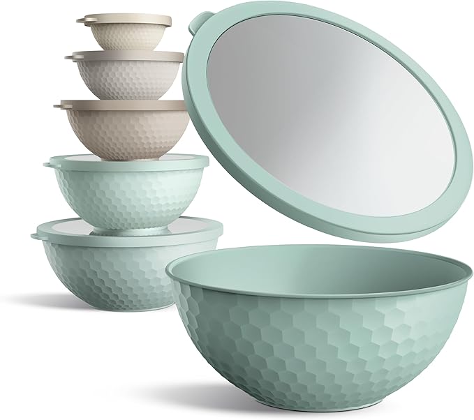COOK WITH COLOR Mixing Bowls with Lids - 12 Piece Plastic Nesting Bowls Set includes 6 Prep Bowls and 6 Lids, Non Slip Bottom and Embossed Design - Microwave Safe (Mint)