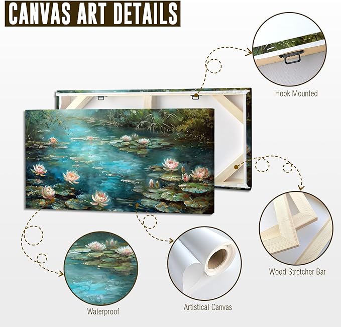 ADJUVANT Wall Art Impressionist Water Lily Pond 48" L x 24" W, Lotus Flower Canvas Painting Nature Artwork Green Water and Pink Blooms Prints Wall Decor for Living Room Bedroom Study Home Office