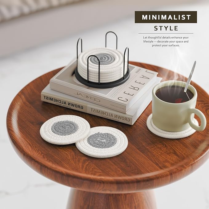 Coasters Set of 8 for Drinks, Beer, Coffee, Cotton Woven Absorbent Coaster with Holder, Boho Coasters for Home Decor Tabletop Protection Suitable for Kinds of Cups, White & Grey