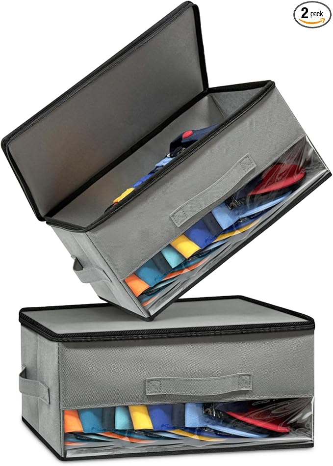 2 PCS Stackable Hat Storage for Baseball Caps, Space Saving Hat Organizer Box for Closet, with Cardboard, Clear Window Lid and 3 Handle, Each Holds 12 Hats, Grey