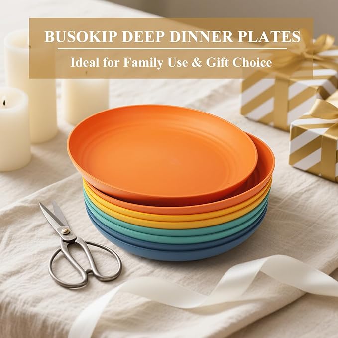 Wheat Straw Plate 9 Inch, Deep Dinner Plates Set of 8, Unbreakable Plastic Plate Reusable, Microwave & Dishwasher Safe Kitchen Plates for Camping, Picnic, Travel, Outdoor (Multi Colors)