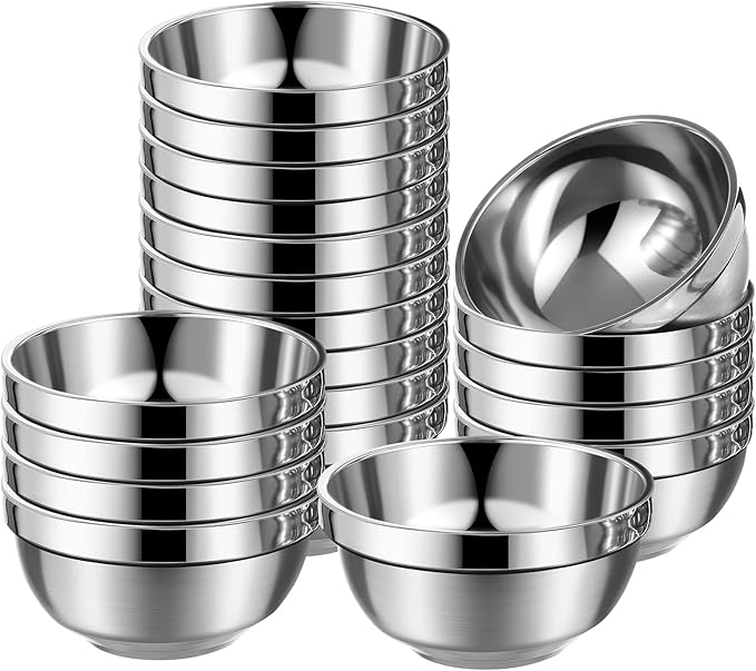Mimorou 20 Pack 304 Stainless Steel Bowls Set 13oz Metal Double Walled Insulated Snack Mixing Lightweight Multipurpose Toddler Dinner Bowls for Ice Cream, Cereal, Snack