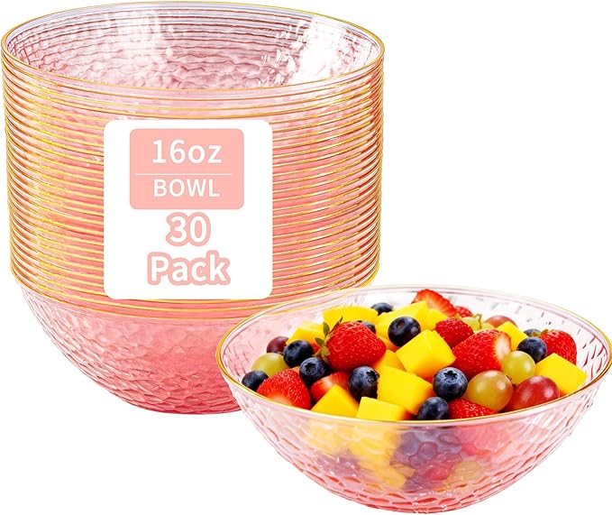 Tinybee 30 Pack Pink Plastic Bowls - Pink Disposable Bowls for Party with Gold Rim, 16-20oz Premium Hammered Bowls Disposable Heavy Duty, Plastic Salad Bowls for Milk Cereals, Snacks, Salads