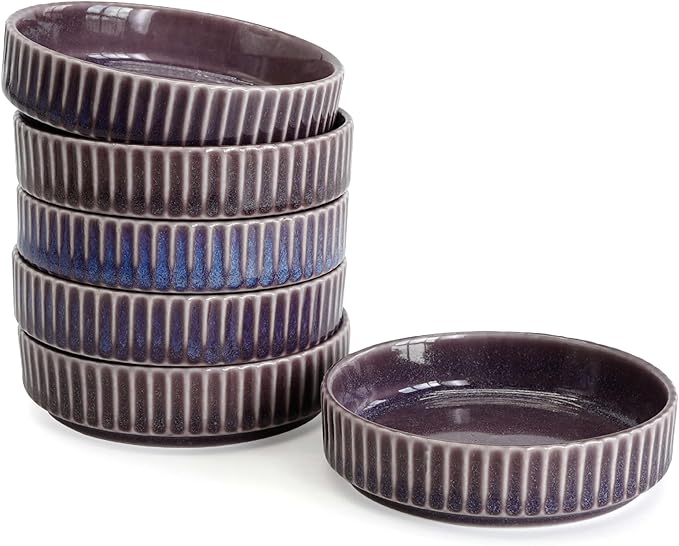 Ceramic Dipping Bowls Set of 6, 4oz Sauce Dishes, 3.74 Inch Diameter, Oxford White with Vertical Texture, Stackable & Dishwasher Safe (Purple)