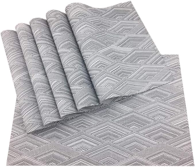 Gugrida Luxury Placemats Woven Vinyl Non-Slip Insulation Heat Stain Resistant Washable Table Placemats Kitchen Dining Table Top Meal Mat Place Mats PVC Set of 6, Shape of Grey Diamond