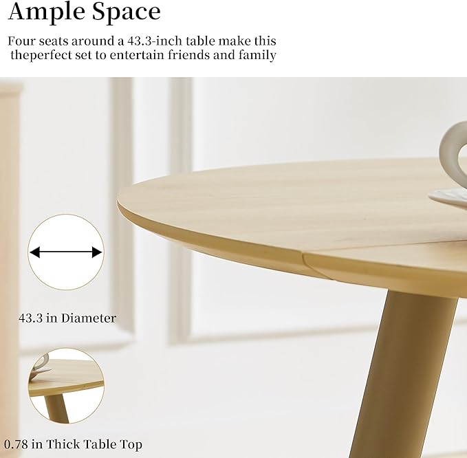 43.3 Inch Round Dining Table Set for 4, Modern Small Kitchen Coffee Set for Dining Room Kitchen Apartment (Cream Table+4 U-Shaped Brown Chairs)