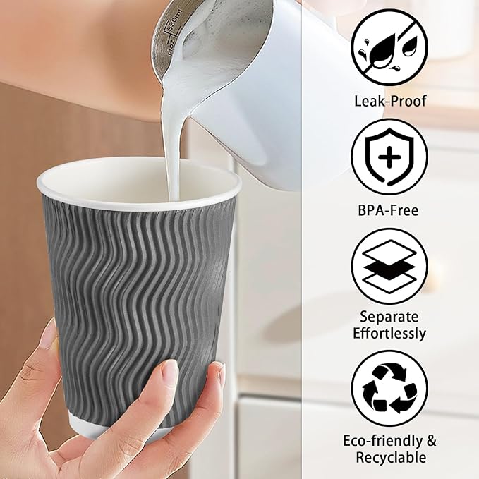 Lamosi 500 Count 8 oz Insulated Coffee Cups Bulk, Disposable Paper Cups No Lids 8oz, Corrugated Ripple Wall Design for Hot Beverage (Grey)