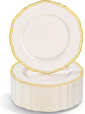 Hioasis 60PCS Ivory Plastic Plates - Ivory and Gold Disposable Dinnerware with Gold Rim, Heavy-duty, 7 inch, Dessert Plates for Party & Wedding